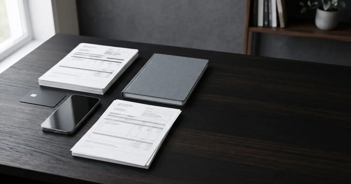 Carte bancaire noire sans inscription, smartphone éteint et relevés de compte sur un bureau sombre