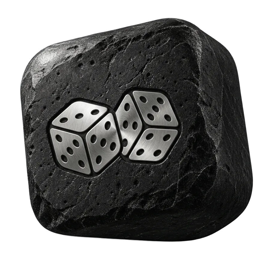 A black basalt stone with two brushed steel dice engraved in it, standing for a random password
