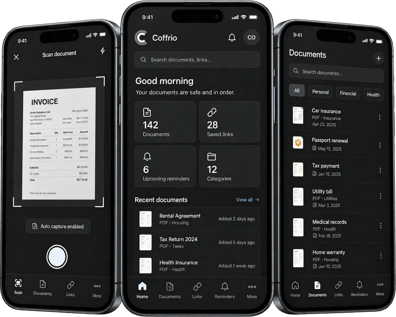 Three iPhones showing the Coffrio app: the document scanner, the home dashboard and the documents list