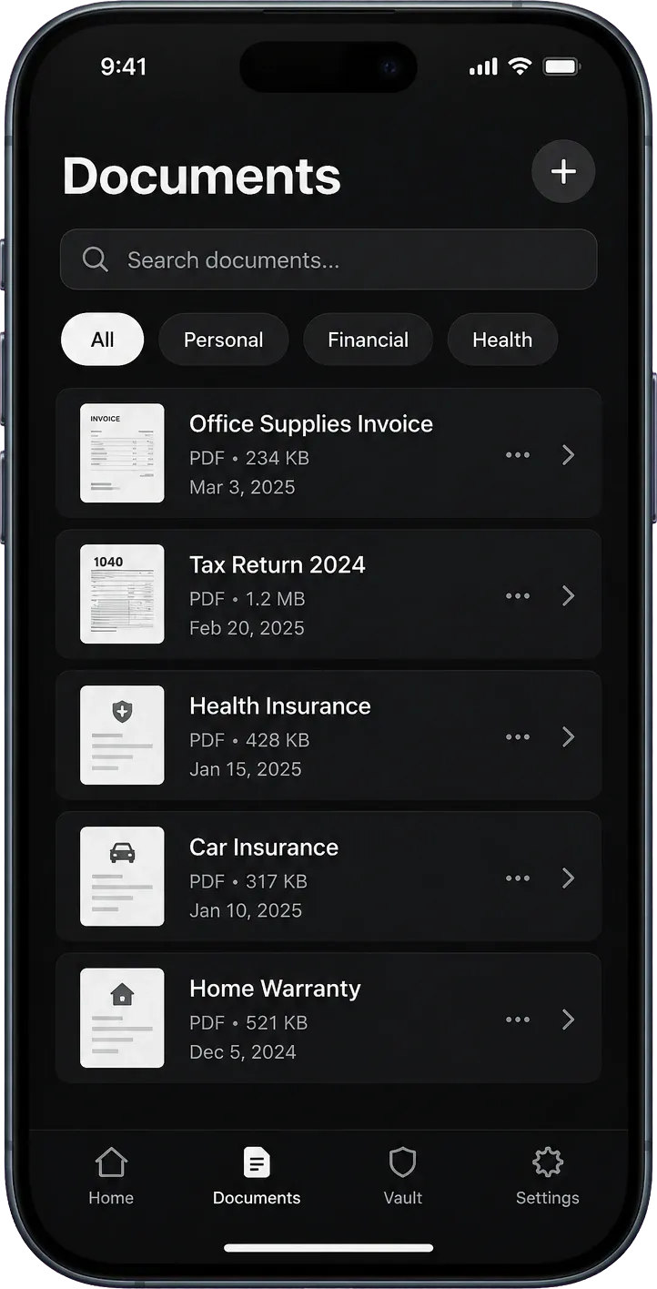 Coffrio documents list with search and category filters