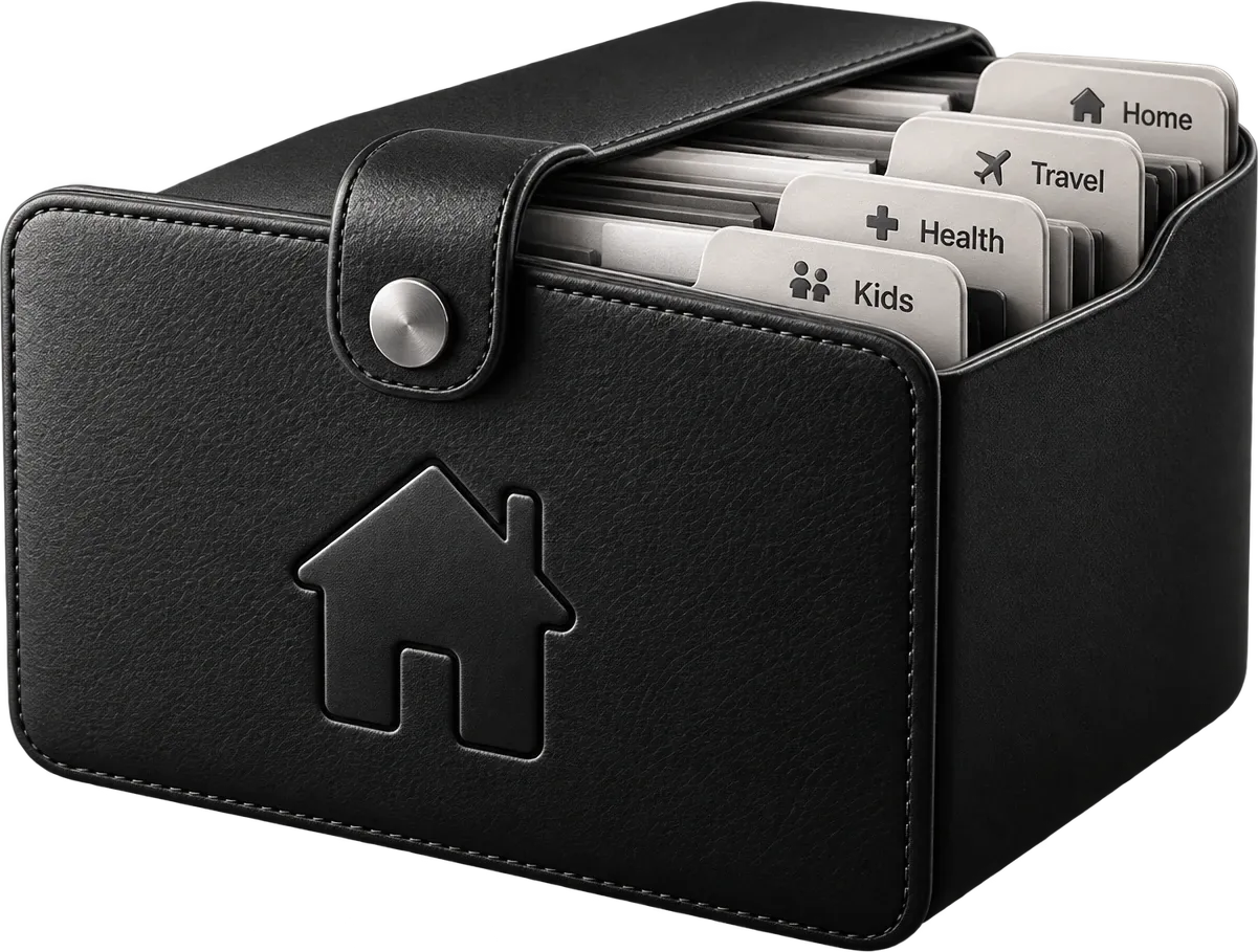 A black family document box with index tabs for Kids, Health, Travel and Home