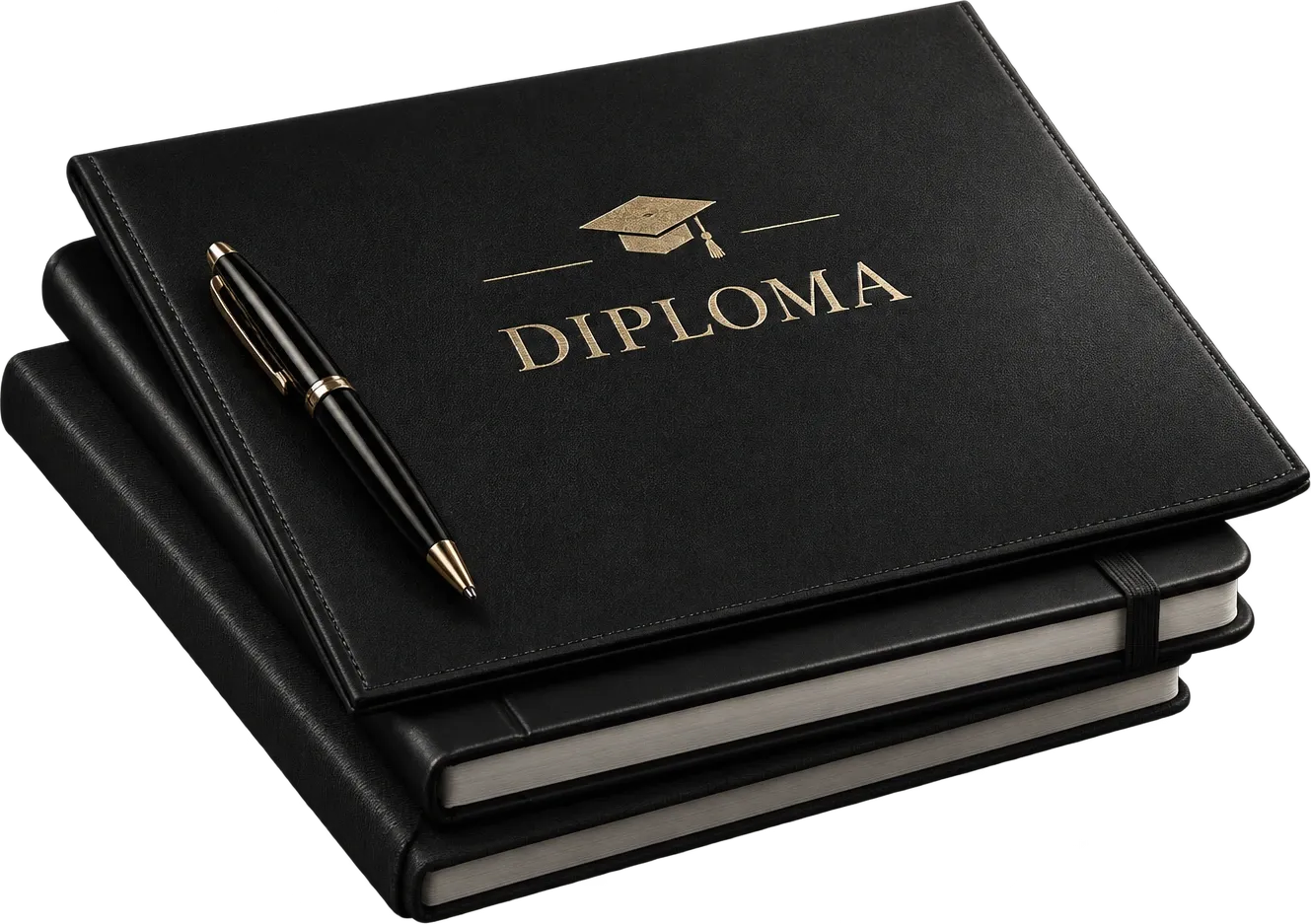 A black diploma folder with a pen and notebooks