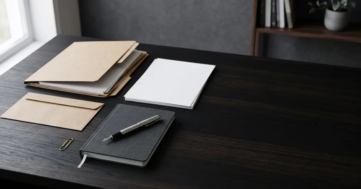 Chemises kraft, feuilles blanches, enveloppe et carnet rangés sur un bureau sombre en noyer