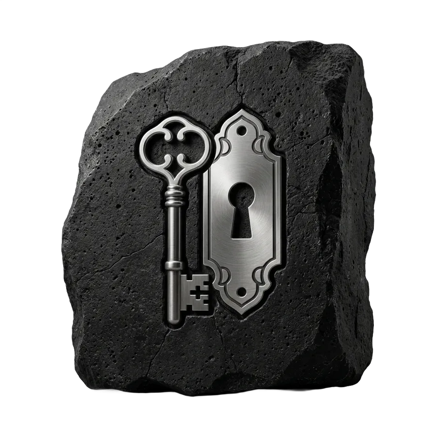 A black basalt stone with a brushed steel key next to a keyhole plate, standing for a password kept in a private vault