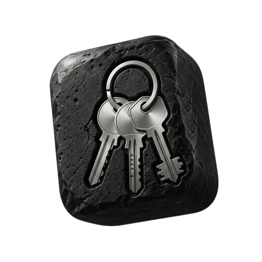 A black basalt stone with a ring of three different brushed steel keys, standing for one password per account